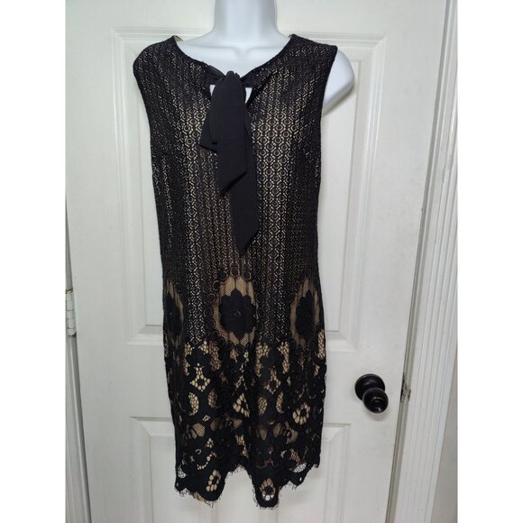 Cece Black Floral Lace Sleeveless Mini Shift Dress W Chiffon Neck Tie 8 - Picture 7 of 7